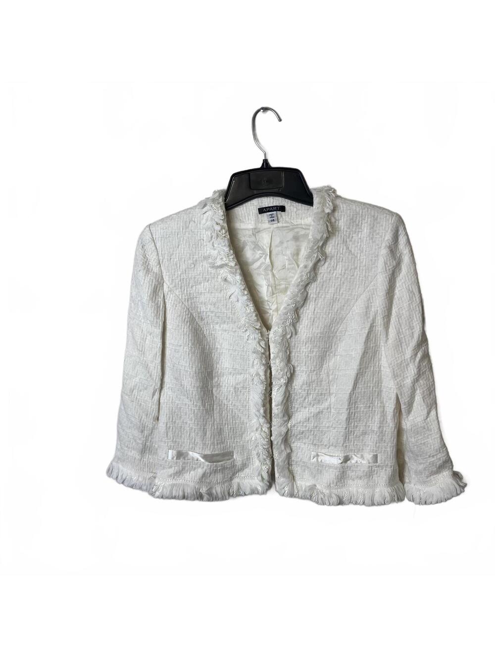 APART White Resort Chic Textured Fringe Trim Open Front Old Money Jacket Size 14